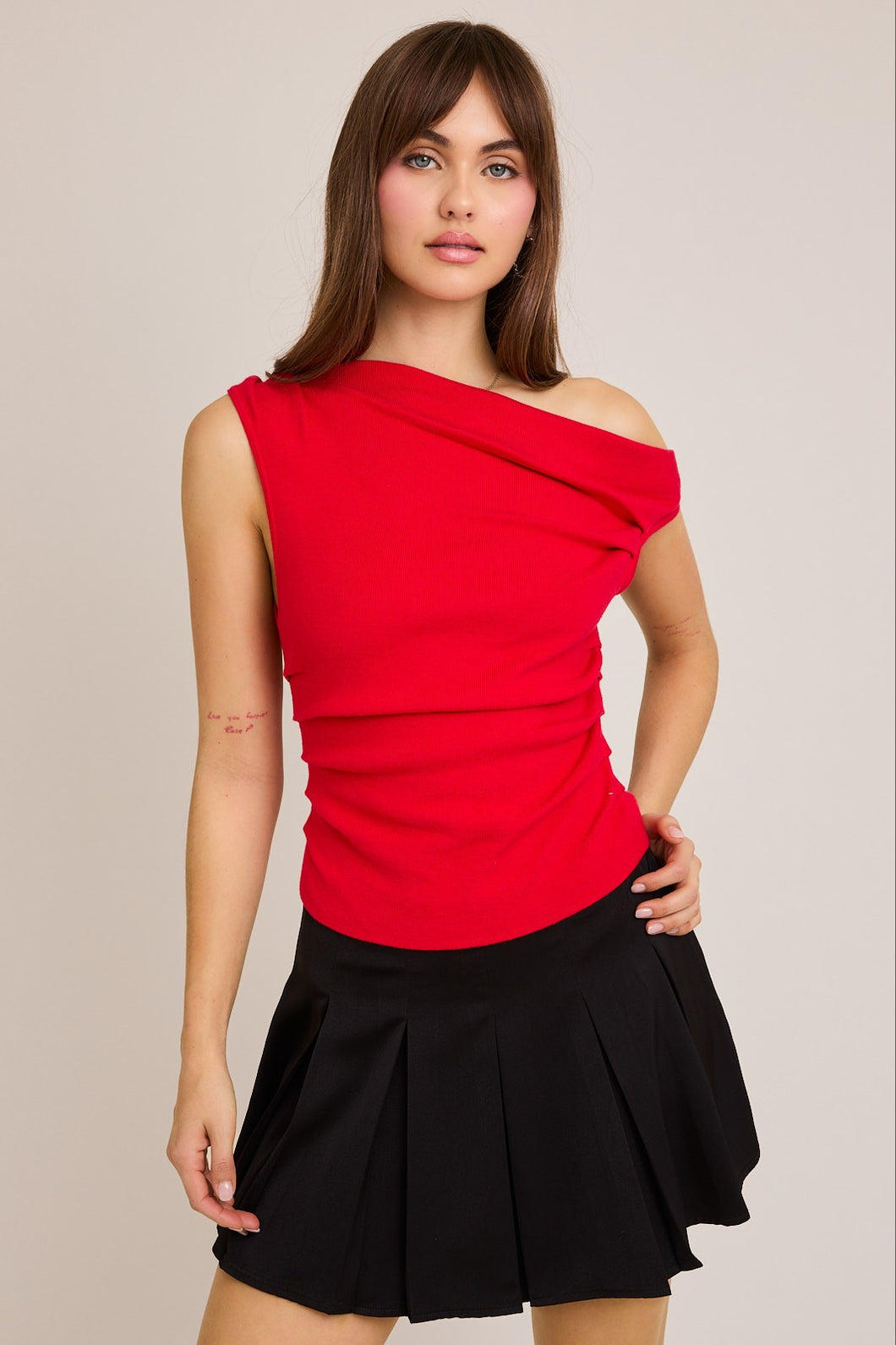 NEWEST ARRIVAL Red Asymmetrical Neck Sweater Top