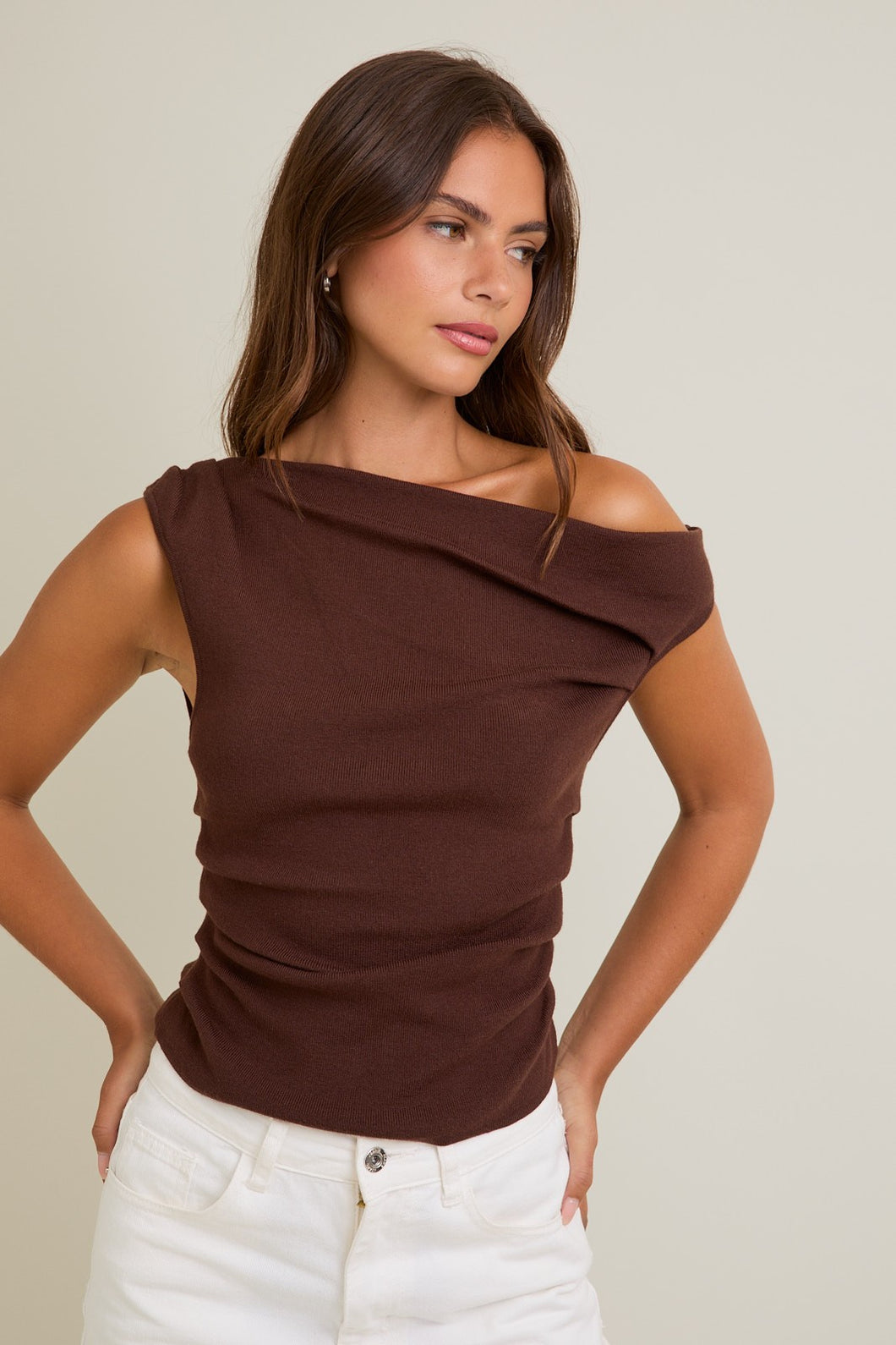 NEWEST ARRIVAL Brown Off Shoulder Asymmetrical Neck Sweater Top