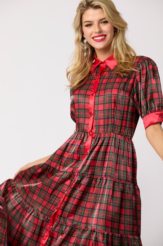 FINAL SALE Red Plaid Organza Button Down Midi Dress