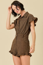 Load image into Gallery viewer, NEWEST ARRIVAL Brown Button Front Ruffle Trim Romper

