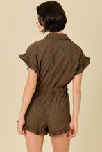 Load image into Gallery viewer, NEWEST ARRIVAL Brown Button Front Ruffle Trim Romper
