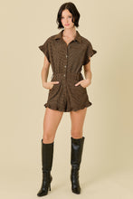 Load image into Gallery viewer, NEWEST ARRIVAL Brown Button Front Ruffle Trim Romper
