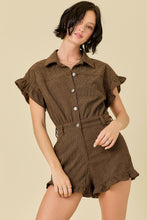 Load image into Gallery viewer, NEWEST ARRIVAL Brown Button Front Ruffle Trim Romper
