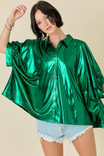 Load image into Gallery viewer, NEWEST ARRIVAL Green Metallic Oversized Button Down Blouse
