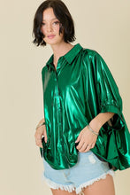 Load image into Gallery viewer, NEWEST ARRIVAL Green Metallic Oversized Button Down Blouse
