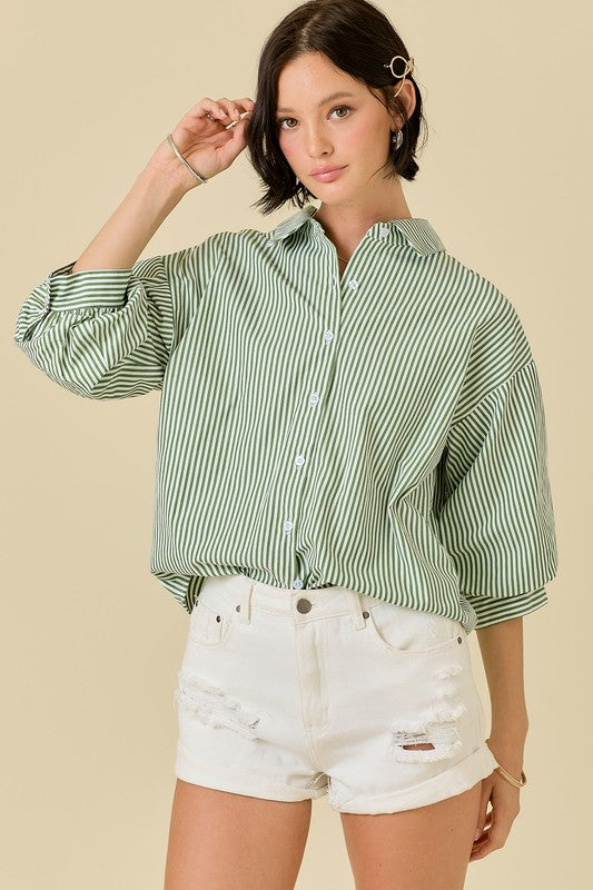 NEWEST ARRIVAL Green Striped Button Down Blouse
