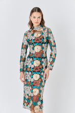 Load image into Gallery viewer, NEWEST ARRIVAL Brown/Teal Crochet Floral Midi Fitted Dress

