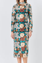 Load image into Gallery viewer, NEWEST ARRIVAL Brown/Teal Crochet Floral Midi Fitted Dress
