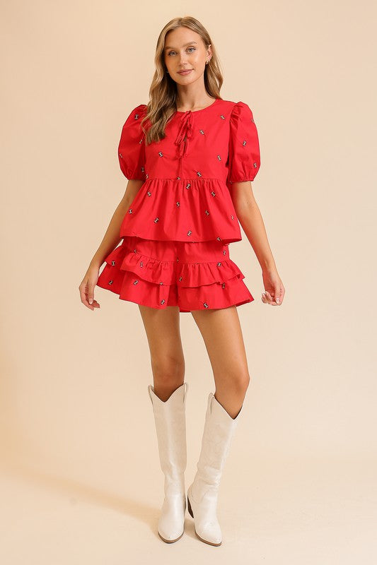 NEWEST ARRIVAL Red Football Embroidered Puff Sleeve Blouse