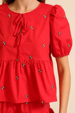 Load image into Gallery viewer, NEWEST ARRIVAL Red Football Embroidered Puff Sleeve Blouse
