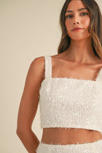 Load image into Gallery viewer, FINAL SALE White Fringe Sequin Midi Skirt Set
