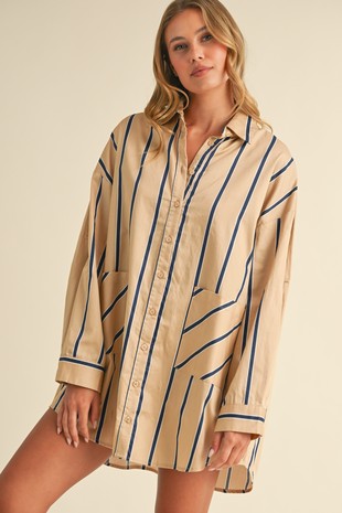 Beige/Navy Striped Button Down Shirt Dress