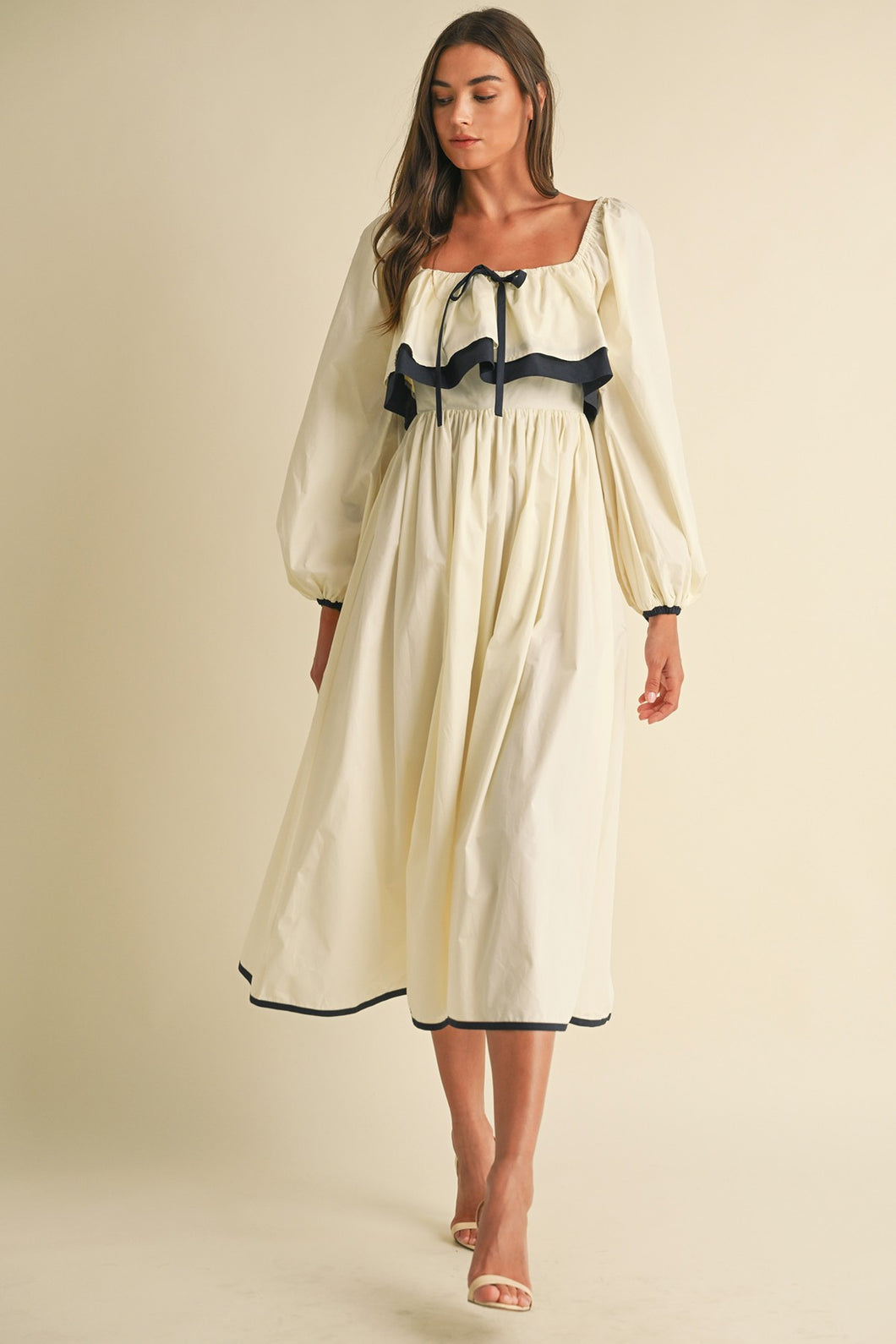 LAST ONE Cream/Navy Bow Midi Dress