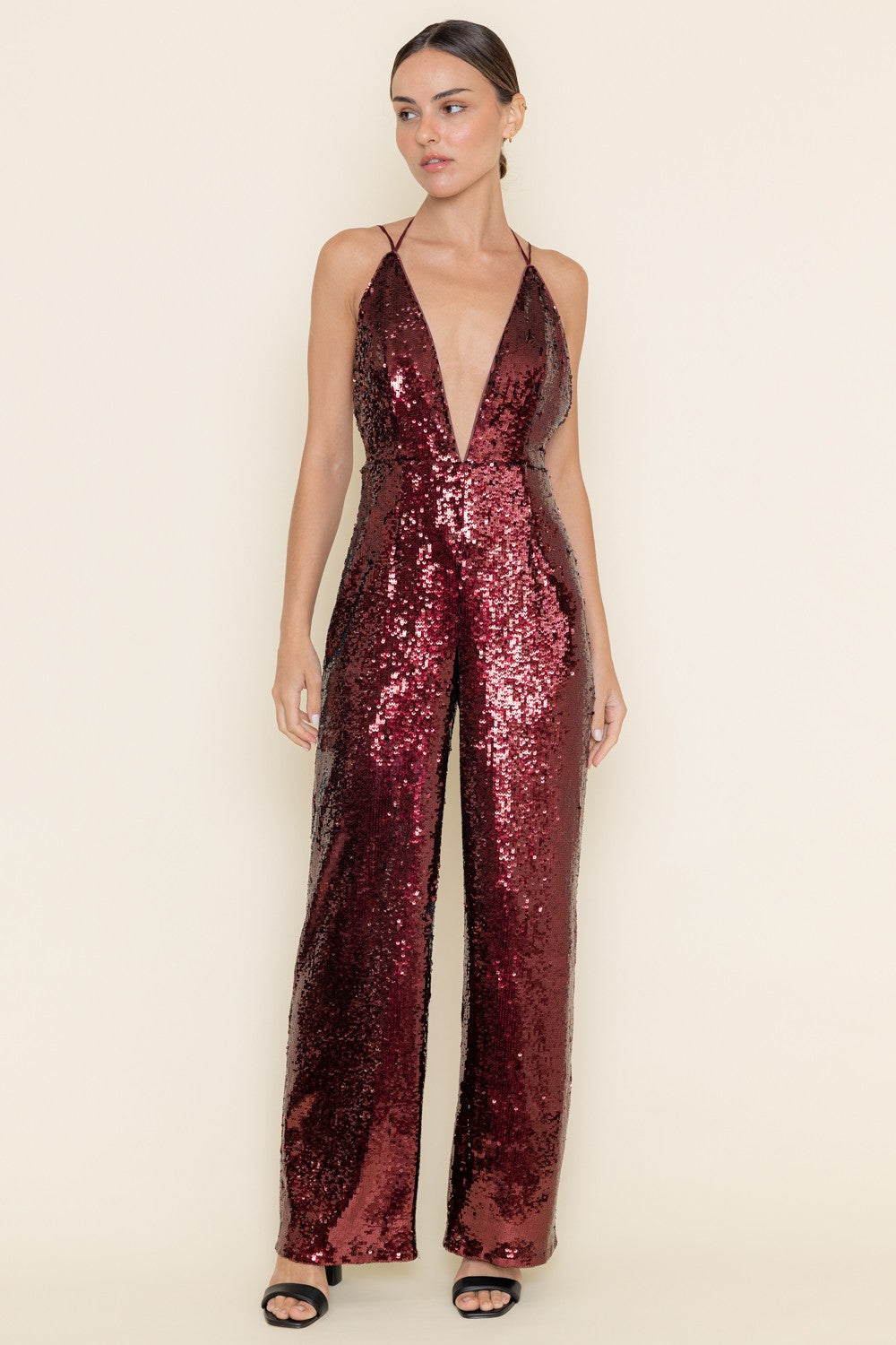 NEWEST ARRIVAL Dark Wine Sequin Plunging Jumpsuit