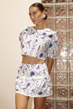 Load image into Gallery viewer, FINAL SALE White/Navy Mermaid Seashell Tropical Mini Skirt Set
