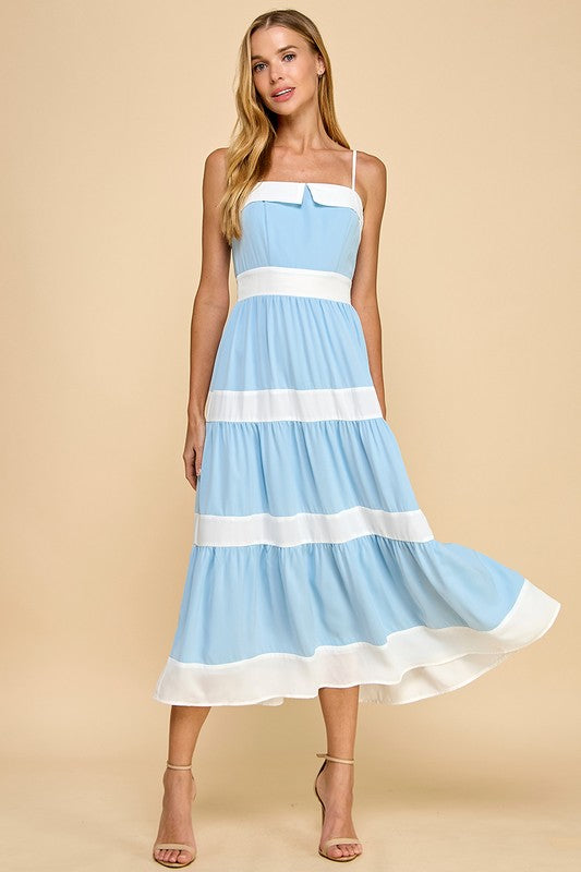 Blue/White Striped Bow Back Midi Dress