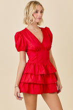 Load image into Gallery viewer, NEWEST ARRIVAL Red Poplin Tiered Romper Dress
