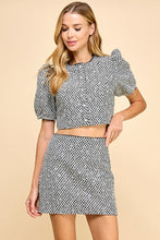 Load image into Gallery viewer, Black/White Sequin Puff Sleeve Tweed Skirt Set
