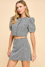Load image into Gallery viewer, Black/White Sequin Puff Sleeve Tweed Skirt Set
