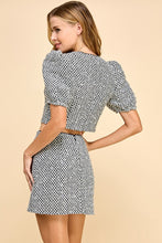 Load image into Gallery viewer, Black/White Sequin Puff Sleeve Tweed Skirt Set

