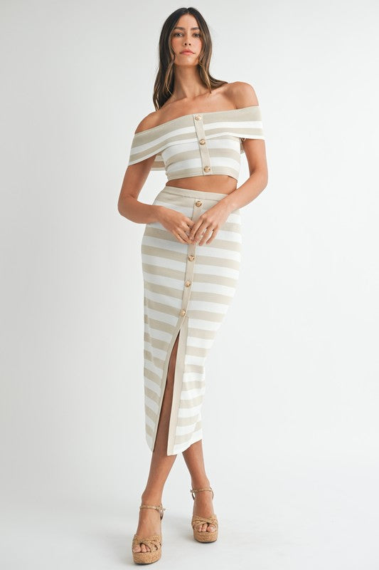 NEWEST ARRIVAL Taupe/White Striped Off Shoulder Bodycon Midi Skirt Set