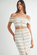 Load image into Gallery viewer, NEWEST ARRIVAL Taupe/White Striped Off Shoulder Bodycon Midi Skirt Set
