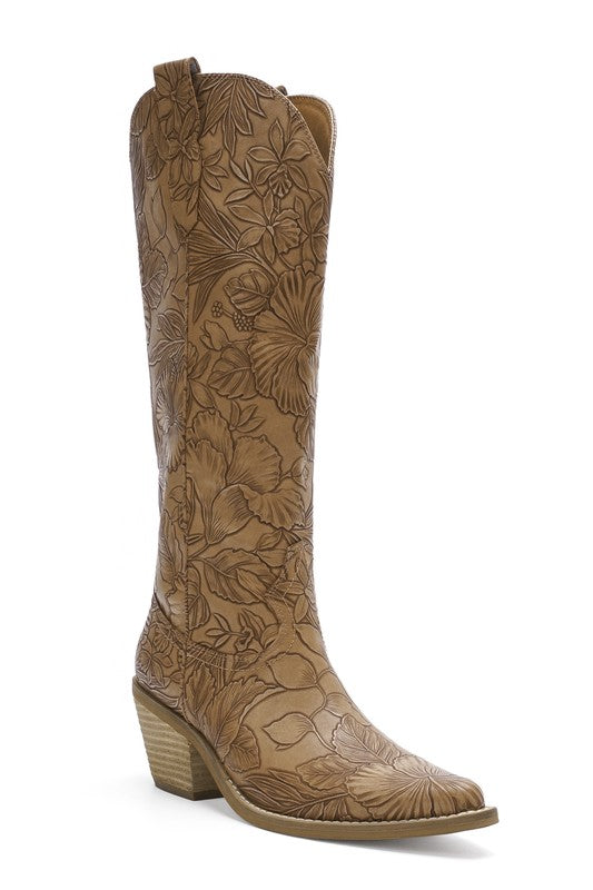 NEWEST ARRIVAL Dark Taupe Embossed Floral Western Boots