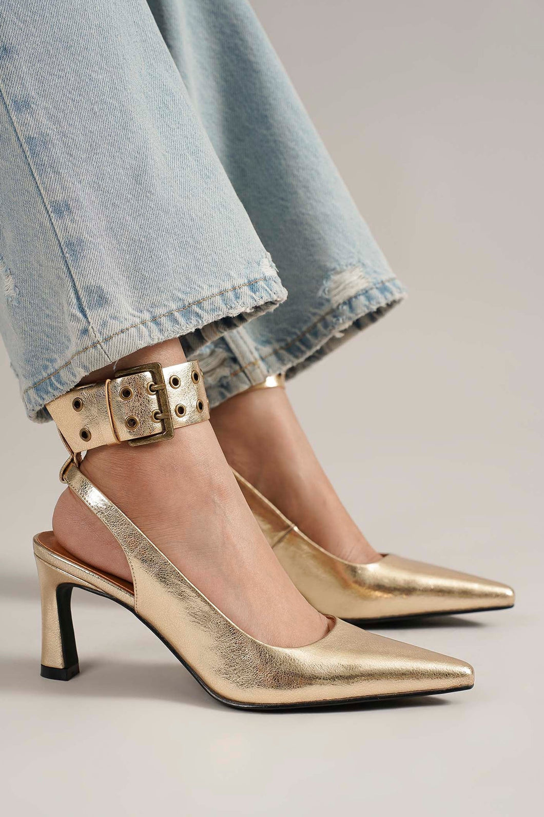 Gold Metallic Pumps with Ankle Strap