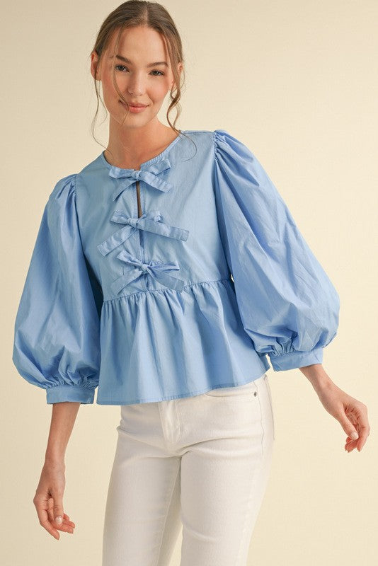 NEWEST ARRIVAL Blue Front Tie Blouse