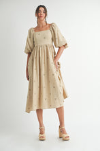Load image into Gallery viewer, NEWEST ARRIVAL Taupe Embroidered Floral Midi Dress
