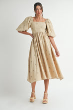 Load image into Gallery viewer, NEWEST ARRIVAL Taupe Embroidered Floral Midi Dress
