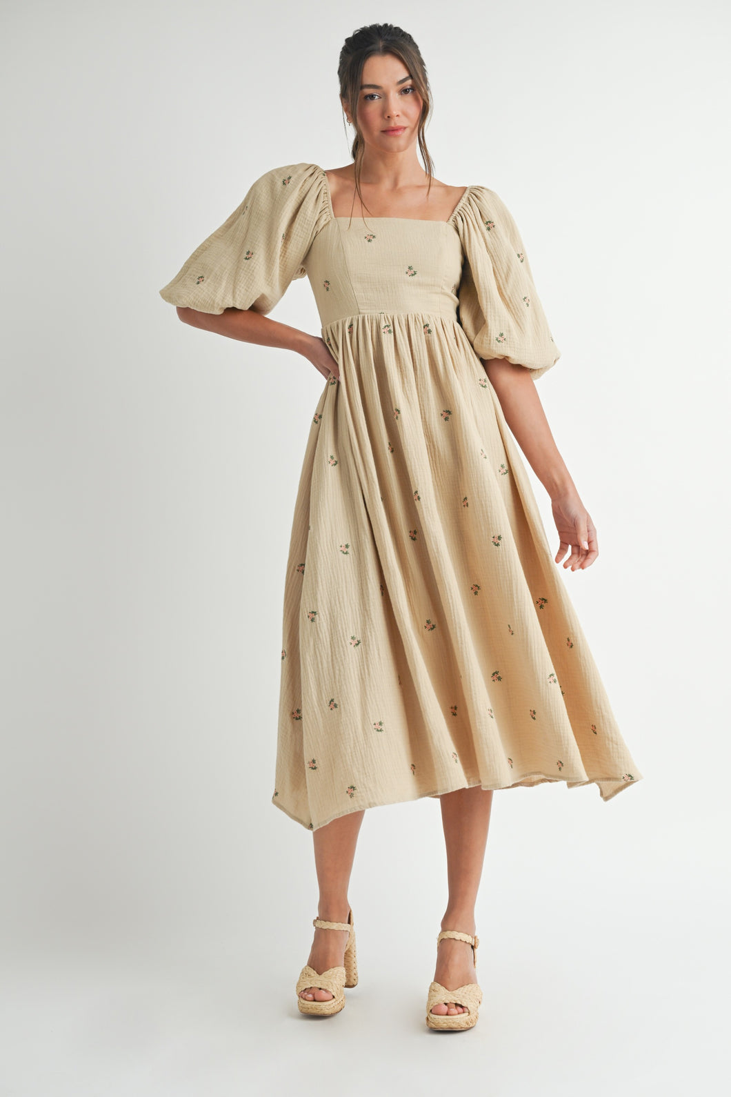 NEWEST ARRIVAL Taupe Embroidered Floral Midi Dress
