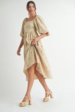 Load image into Gallery viewer, NEWEST ARRIVAL Taupe Embroidered Floral Midi Dress

