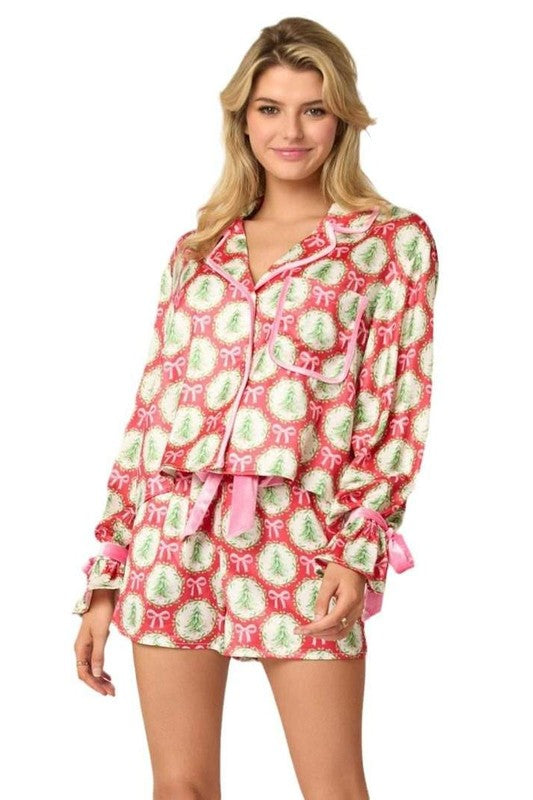 LAST SIZE Red Satin Christmas Tree Pajama Set