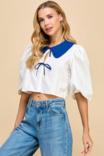 Load image into Gallery viewer, FINAL SALE White/Blue Peter Pan Collar Front Tie Blouse
