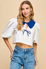 Load image into Gallery viewer, FINAL SALE White/Blue Peter Pan Collar Front Tie Blouse
