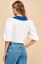 Load image into Gallery viewer, FINAL SALE White/Blue Peter Pan Collar Front Tie Blouse
