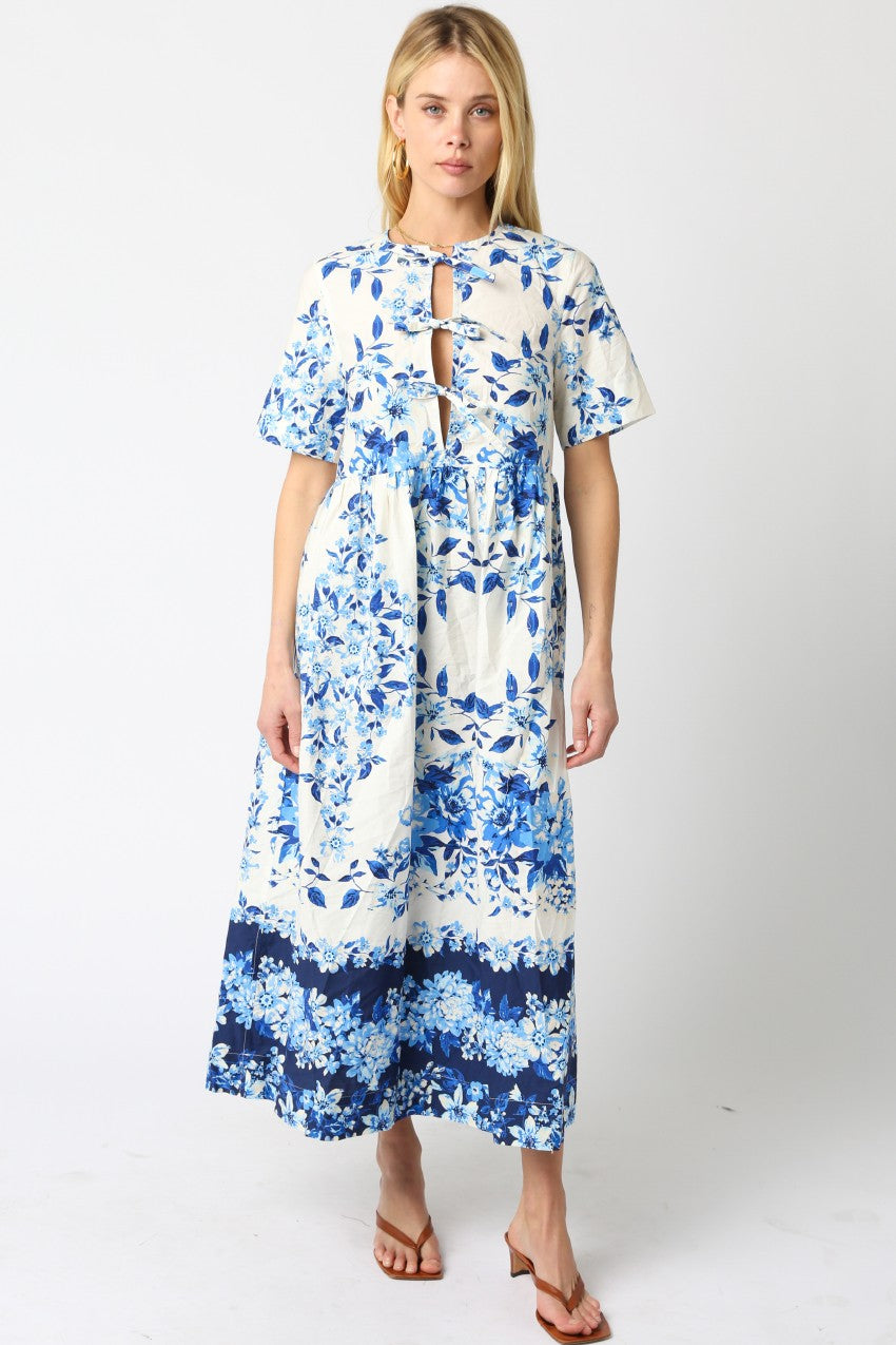 Blue Floral Front Tie Maxi Dres – Five Points Boutique