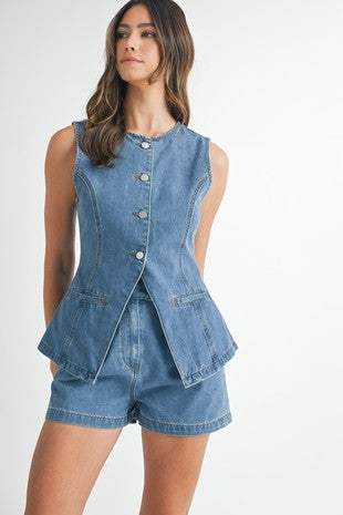 LAST ONE Denim Tailored Vest Shorts Set