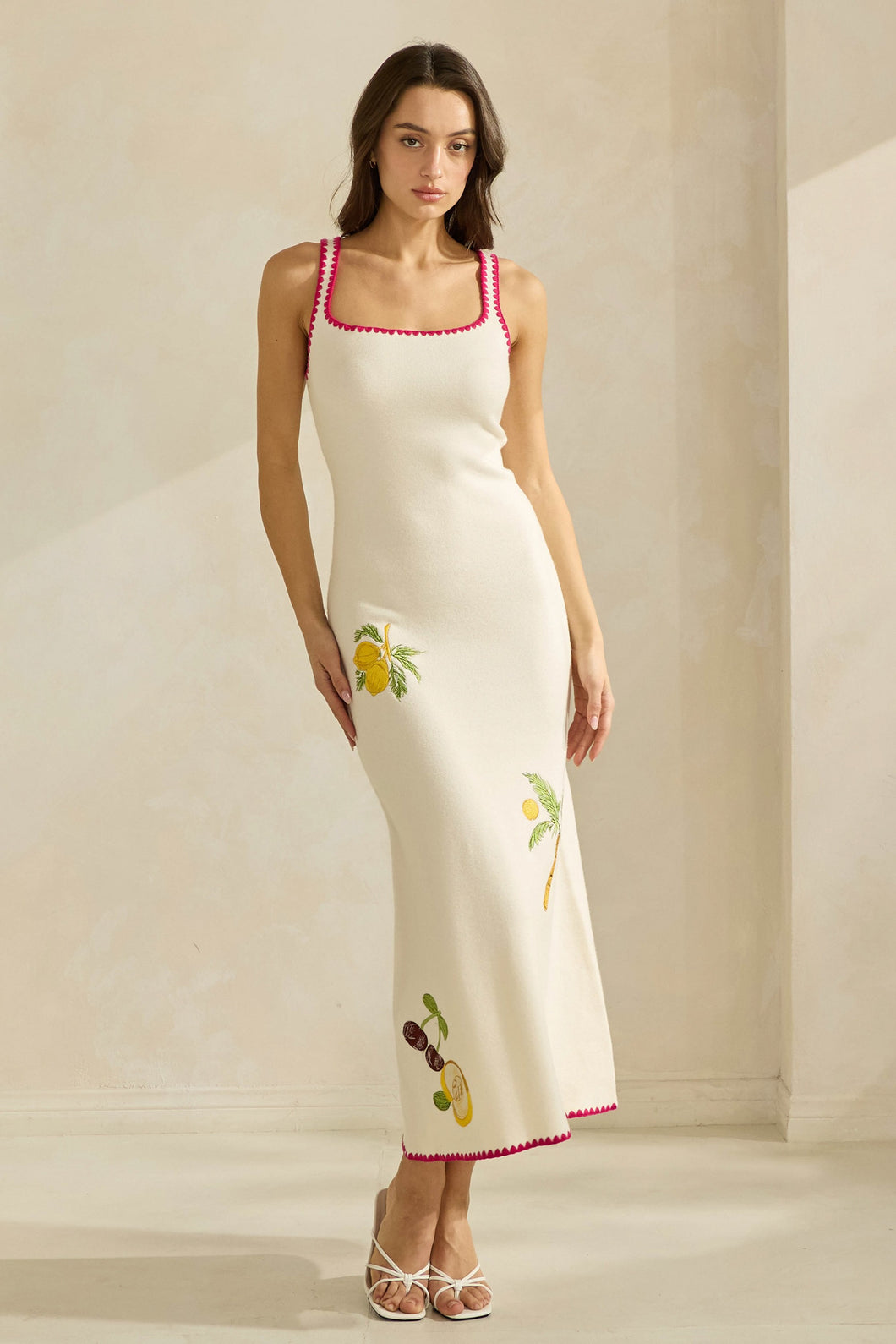 Cream Tropical Embroidered Knit Maxi Dress
