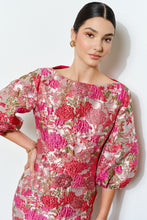 Load image into Gallery viewer, LAST ONE Coral Pink Floral Jacquard Puff Sleeve Dress
