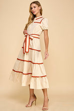 Load image into Gallery viewer, NEWEST ARRIVAL Cream/Burnt Red Scallop Trim Button Down Midi Dress
