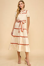 Load image into Gallery viewer, NEWEST ARRIVAL Cream/Burnt Red Scallop Trim Button Down Midi Dress
