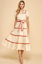 Load image into Gallery viewer, NEWEST ARRIVAL Cream/Burnt Red Scallop Trim Button Down Midi Dress
