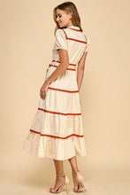 Load image into Gallery viewer, NEWEST ARRIVAL Cream/Burnt Red Scallop Trim Button Down Midi Dress
