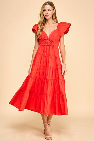 NEWEST ARRIVAL Red Poplin Tiered Midi Dress