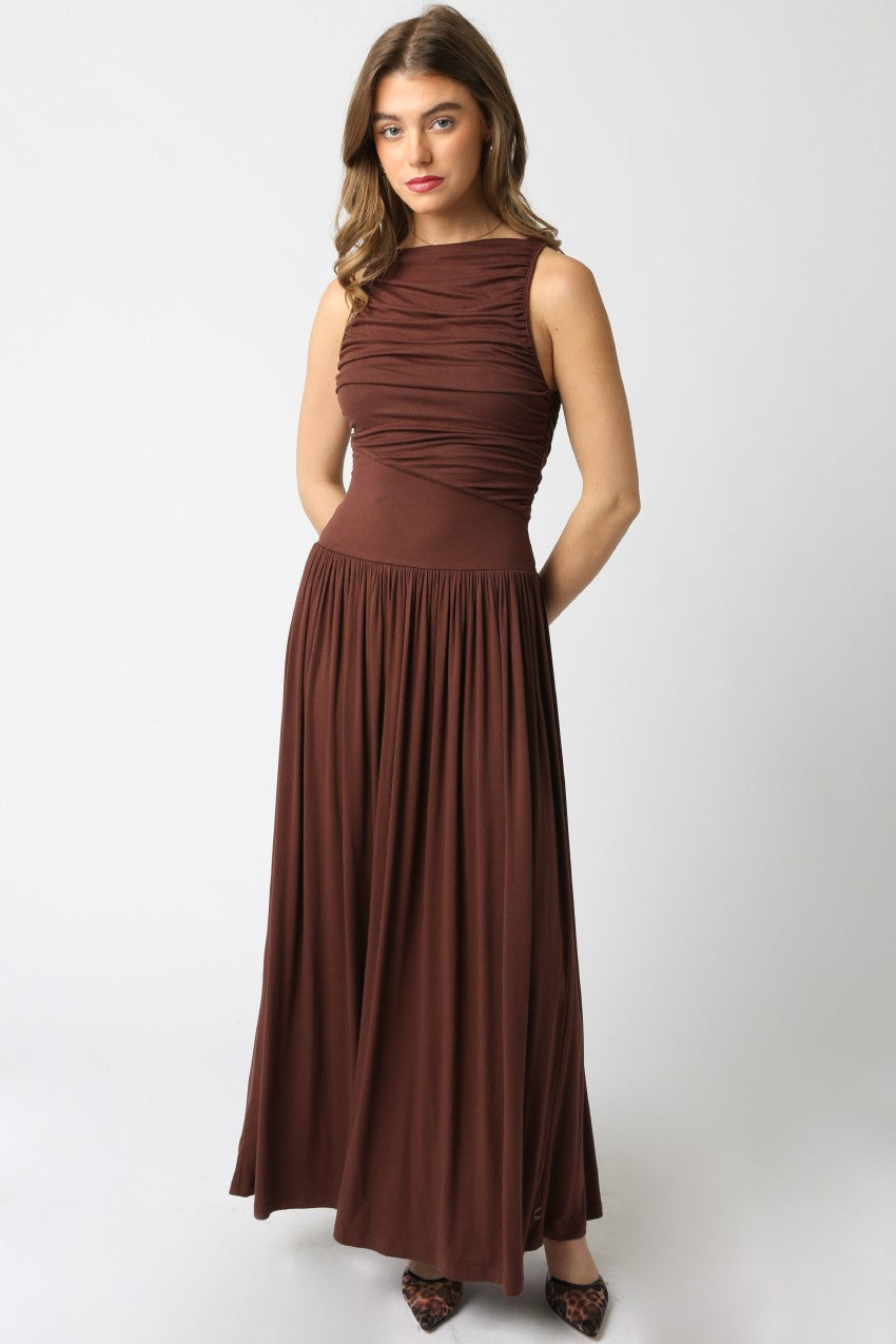 NEWEST ARRIVAL Brown Ruched Maxi Dress