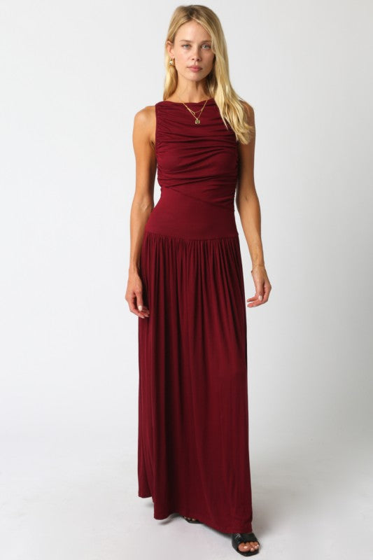 NEWEST ARRIVAL Burgundy Ruched Maxi Dress