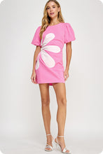 Load image into Gallery viewer, FINAL SALE Pink/White Side Flower Cut Out Puff Sleeve Dress
