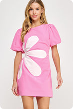 Load image into Gallery viewer, FINAL SALE Pink/White Side Flower Cut Out Puff Sleeve Dress
